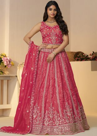 Pink Embroidered Lehenga Choli In Tissue Silk