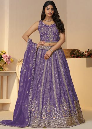 Purple Embroidered Tissue Lehenga Choli