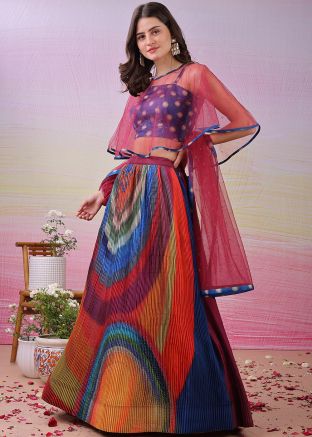 Multicolored Digital Print Cape Style Satin Lehenga Choli