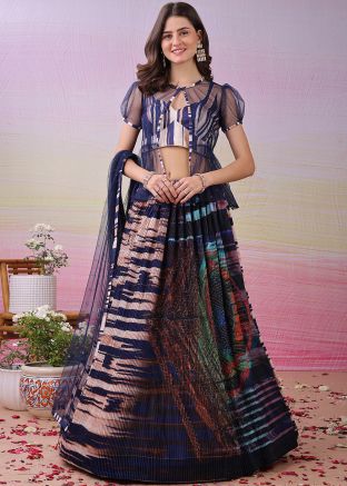 Blue Digital Print Jacket Style Lehenga Choli