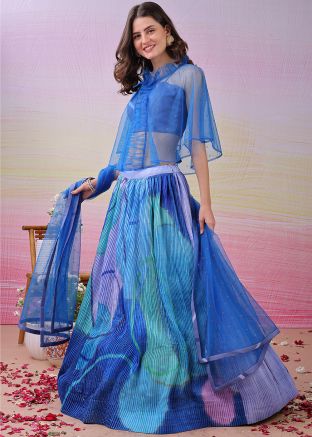 Blue Digital Print Cape Style Lehenga Choli