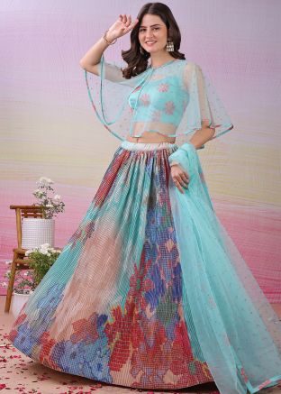 Blue Digital Print Lehenga Choli & Cape