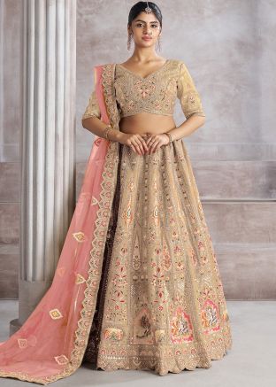 Beige Embroidered Lehenga Choli In Banarasi Silk