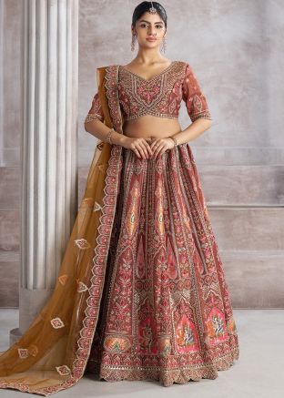Brown Embroidered Lehenga Choli In Banarasi Silk
