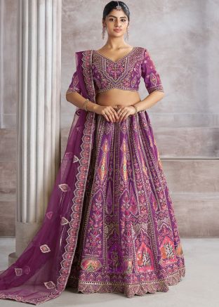 Purple Embroidered Banarasi Silk Lehenga Choli