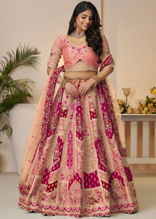 Pink Embroidered Banarasi Silk Lehenga Choli