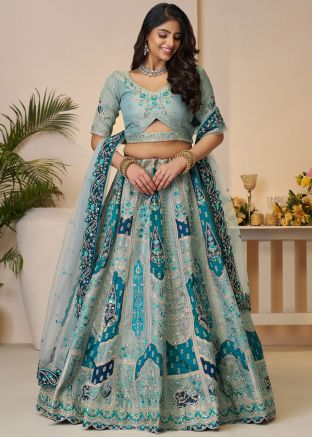 Blue Embroidered Lehenga Chholi In Banarasi Silk