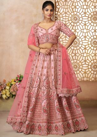 Pink Embroidered Lehenga Choli In Silk