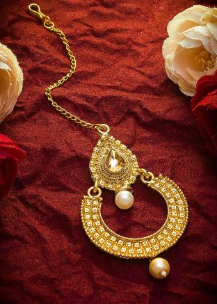 Pearl Beaded and Embossed Golden Maang Tikka