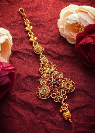 Stone Studded Traditional Magenta and Golden Maang Tikka