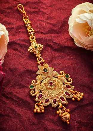 Stone Studded Golden and Magenta Maang Tikka