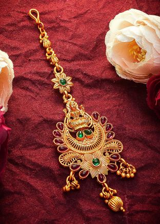 Stone Studded Magenta and Golden Traditional Maang Tikka