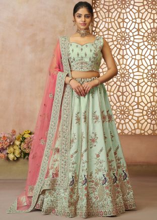 Green Embroidered Lehenga Choli In Art Silk