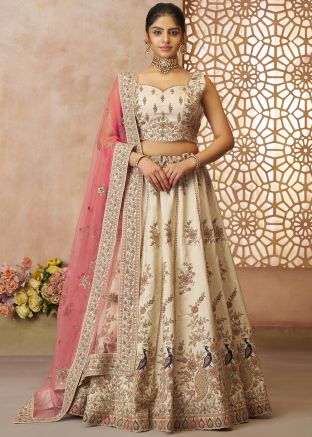 Cream Embroidered Lehenga Choli In Art Silk