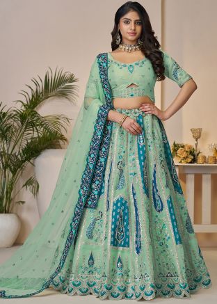 Blue Embroidered Lehenga Chholi In Banarasi Silk