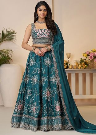 Blue Embroidered Satin Lehenga Choli