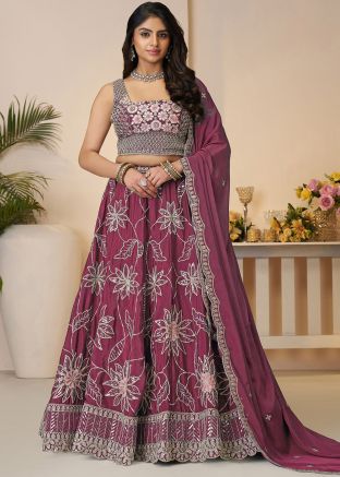 Magenta Embroidered Lehenga Choli In Satin