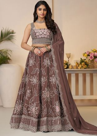 Brown Embroidered Satin Lehenga Choli