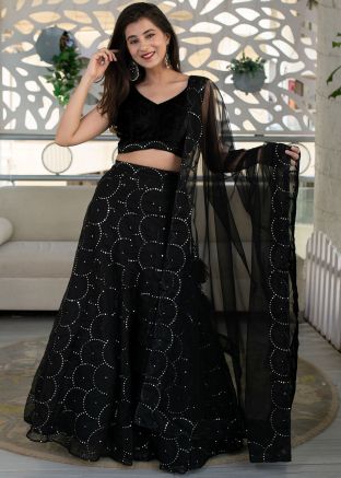 Black Embroidered Lehenga Choli In Velvet