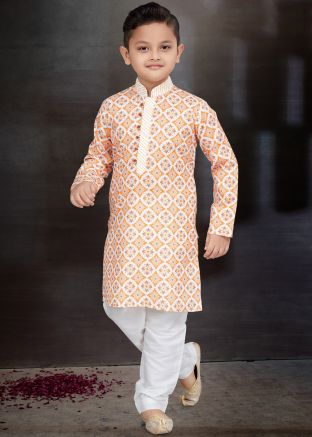 White Readymade Printed Kids Kurta Pajama