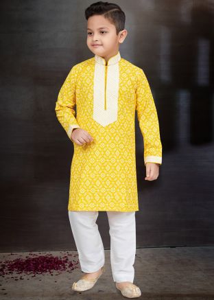 Yellow Kids Readymade Printed Kurta Pajama