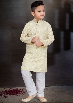 Cream Kids Readymade Kurta Pajama In Printed Work