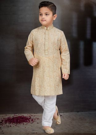 Kids Beige Printed Readymade Kurta & Pajama