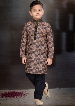 Readymade Brown Kids Printed Work Kurta Pajama