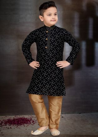 Black Kids Readymade Printed Kurta Pajama Set