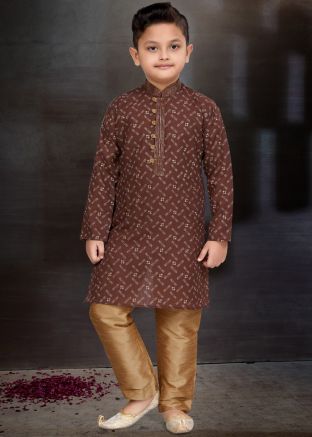 Brown Kids Readymade Printed Cotton Kurta Pajama