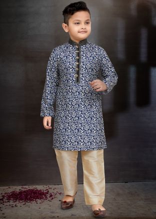 Blue Readymade Kids Printed Kurta Pajama