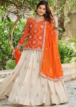 Readymade Orange Embroidered Kurti Style Lehenga