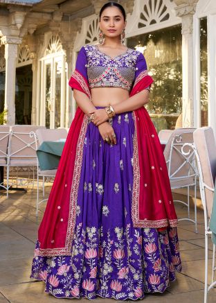 Purple Embroidered Lehenga Choli In Art Silk