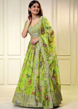Green Floral Print Lehenga Choli In Organza