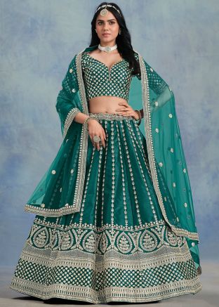 Green Embroidered Lehenga Choli In Art Silk