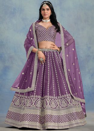 Purple Embroidered Lehenga Choli In Art Silk