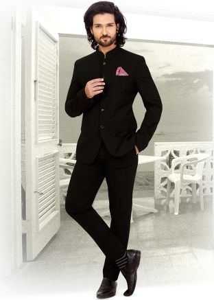 Black Rayon Readymade Bandhgala Jodhpuri Suit