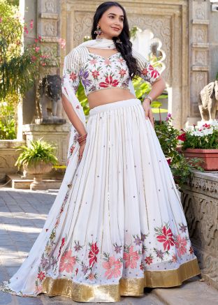 White Embroidered Lehenga Choli In Georgette