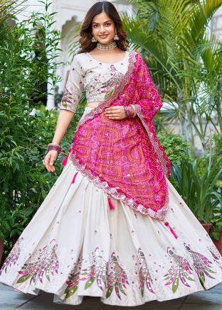 White Embroidered Lehenga Choli In Tissue Silk