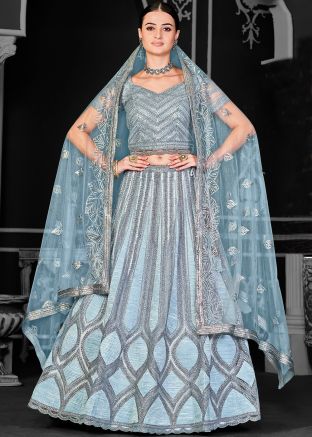 Blue Net Embellished Lehenga Choli Set