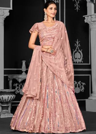 Peach Sequins Work Net Lehenga Choli
