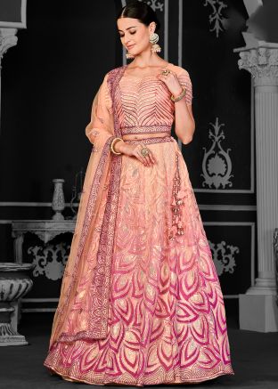Peach Sequins Work Lehenga Choli In Net