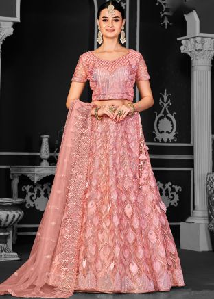 Peach Net Lehenga Choli In Sequins Work