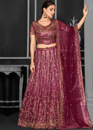 Wine Embellished Lehenga Choli In Net