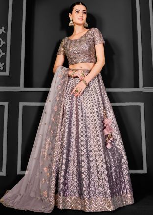 Grey Embellished Net Lehenga Choli