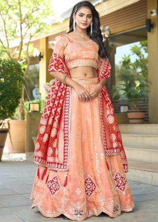Peach Embroidered Lehenga Choli In Viscose
