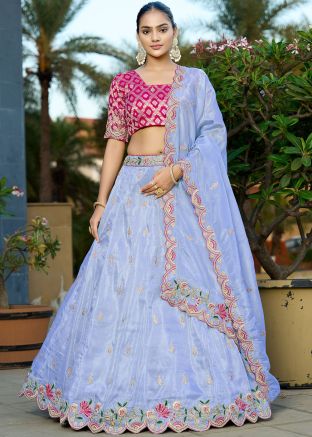 Sky Blue Embroidered Viscose Lehenga Choli