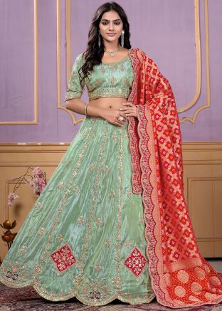 Pista Green Embellished Viscose Lehenga Choli