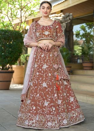 Brown Tissue Embellished Lehenga Choli
