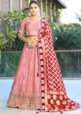 Pink Embroidered Lehenga Choli In Viscose
